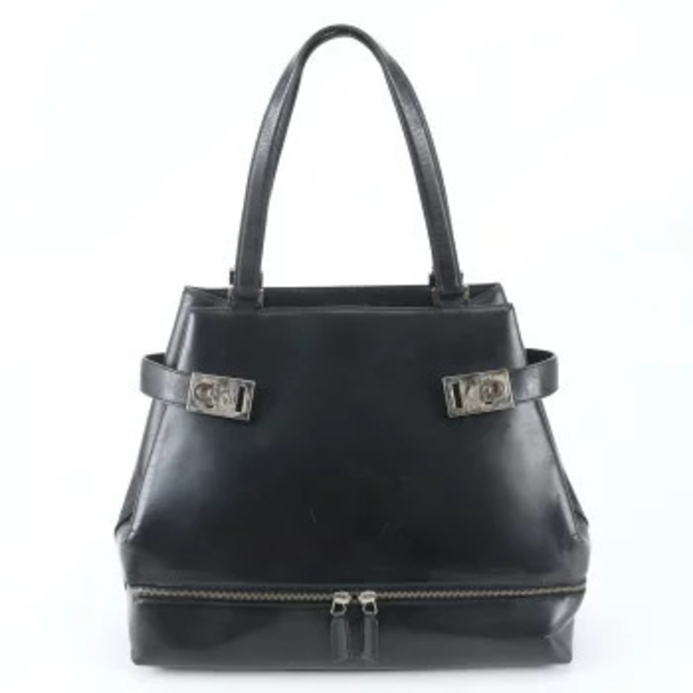 Salvatore Ferragamo Gancini Leather 2Way Shoulder Tote Bag Black Gray